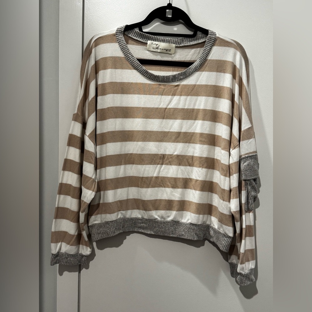 Vintage Havana Tan and White Striped Sweatshirt